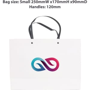 A small white paper bag with a knitted black handle, featuring a logo design in gradient pink and blue.