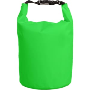 A bright green waterproof dry bag with a black buckle strap. Simple design, suitable for outdoor activities.