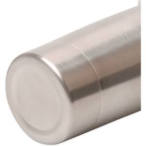 A drink bottle made from stainless steel, featuring a sleek metallic finish and a round base.