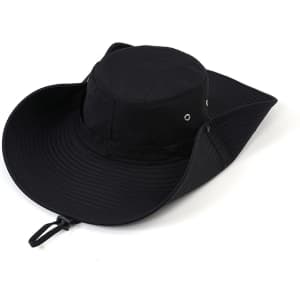 A black wide brim sun hat featuring a round crown and adjustable chin strap. It has ventilation eyelets on the sides.
