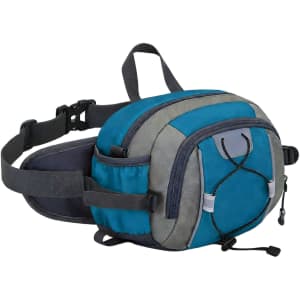 A drink bottle holder with a grey and teal waist bag, featuring multiple compartments and adjustable straps.