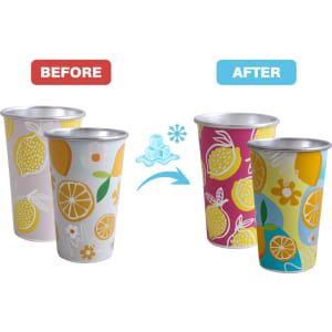 A drink cup set featuring white designs with lemons and oranges changing to vibrant colours when cooled. Includes a logo.