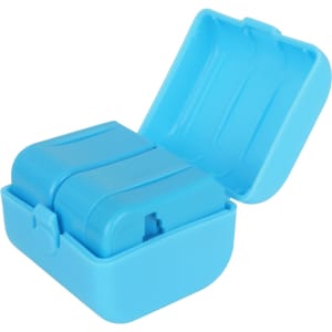 A blue travel adapter kit with a hinged lid, featuring multiple adapters inside for international use.