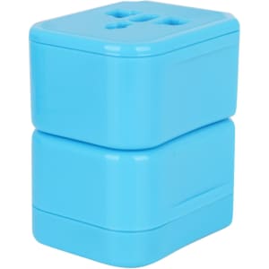 A blue universal travel adapter kit stacked with two rectangular units, featuring multiple ports and a logo.