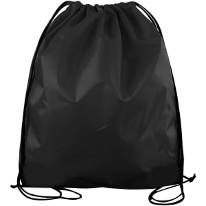 A black polyester drawstring bag with cinch closure and a logo on the front.