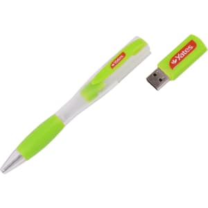 A green and white ballpoint pen with a removable flash drive. The flash drive has a logo on it.