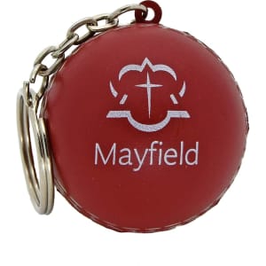 A red cricket ball stress reliever attached to a keyring, featuring a logo.