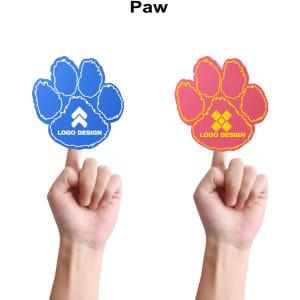 Two foam mitts shaped like animal paws, one blue and one red, held up by hands against a white background.