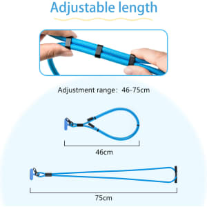 A blue adjustable phone lanyard with clips, showcasing a length adjustment range of 46cm to 75cm.
