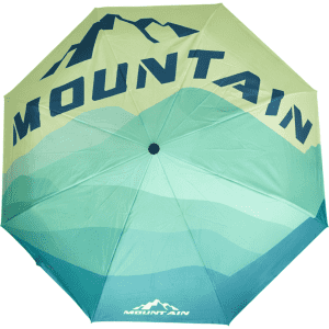 A 21'' automatic compact folding umbrella in green and teal with a mountain design and logo.