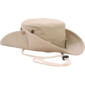 A beige outdoor brim hat featuring a wide brim and an adjustable chin strap, with a logo displayed on the side.