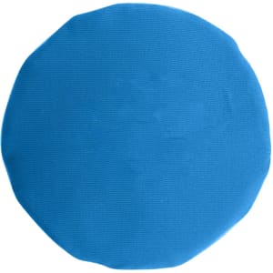 A blue circular disc with a smooth surface and a rounded edge, featuring a logo on display.