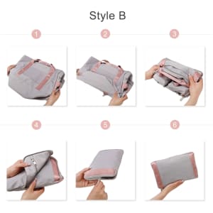 A foldable sports duffle bag in grey with pink accents, shown being handled and zipped in various stages of folding.