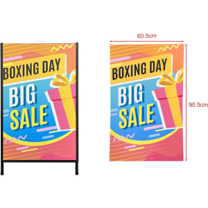 A metal A-frame sign with a colourful design featuring gifts and promotional text. It has a logo on the top.