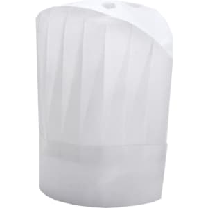 A white disposable non-woven chef hat, designed with pleats and a rounded top, featuring a band at the base.