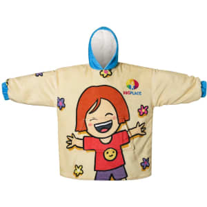 A kids' wearable blanket in beige with a blue hood, featuring a smiling girl and colourful flowers.