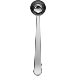 A stainless steel coffee measuring spoon with a clip, featuring a sleek design and shiny finish.