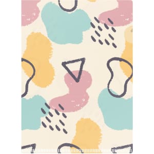 A4 L-shaped open folder featuring a pastel abstract pattern with blue, peach, and yellow shapes on a cream background.