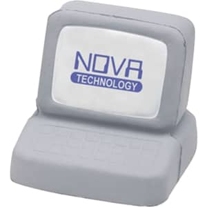 A grey computer-shaped stress reliever with a logo on the screen and a textured keyboard design.