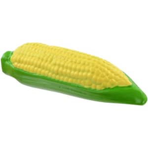 A corn-shaped stress reliever in yellow and green, featuring a textured surface resembling corn kernels.