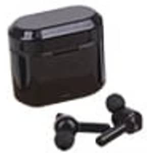A black wireless earbud case with two matching earbuds placed beside it. The case has a logo.