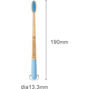 A large conical handle toothbrush featuring a blue head and a bamboo handle, with a logo on the handle.