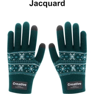 A pair of green jacquard gloves featuring a snowflake pattern, with touch-screen compatible fingertips.