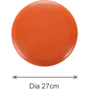 An orange PE frisbee with a diameter of 27 cm. It features a simple design and has a logo.