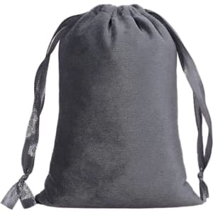 A grey silk velvet drawstring bag with satin ties, featuring a smooth texture and a simple design.