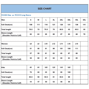 A size chart featuring measurements for unisex and kids' long sleeve polos, including chest, total length, and sleeve length.