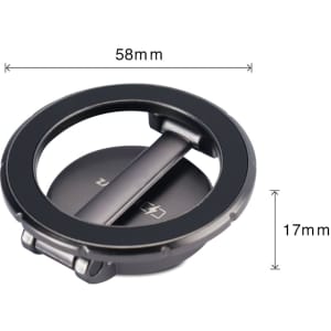 A sticky magnetic phone holder in black, featuring a circular design with a flip stand and dimensions indicated in millimetres.