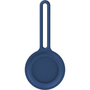 A navy blue protective case for an Air Tag, featuring a round design with a loop for attachment.