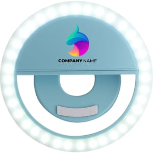 A blue ring selfie light with multiple white LED lights and a logo in the centre.