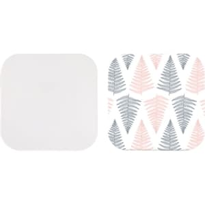 A square-shaped wireless charger with a plain white side and a patterned side featuring pink and grey fern leaves.