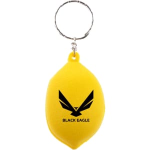A yellow lemon-shaped stress reliever attached to a metal keyring, featuring a black logo.