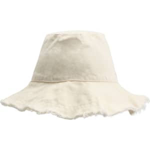 A raw edge bucket hat in cream, featuring a frayed brim and a logo on the side.
