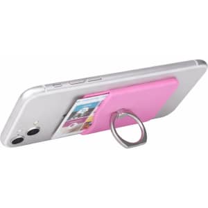 A pink smart wallet with a ring attached, fitted on a smartphone, holding a card.
