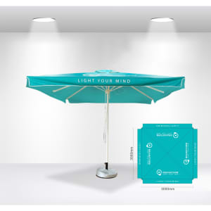 A teal square market umbrella with a central pole and a base, featuring a logo on the canopy.