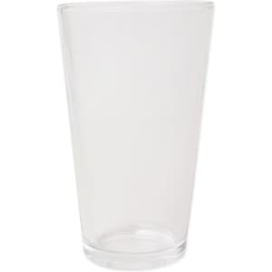 A clear glass cocktail shaker with a sleek design, featuring a rounded base and tall body.