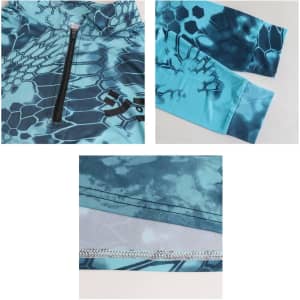 A close-up view of a blue sublimated 1/4 zip fishing pullover featuring a patterned design and a visible logo.