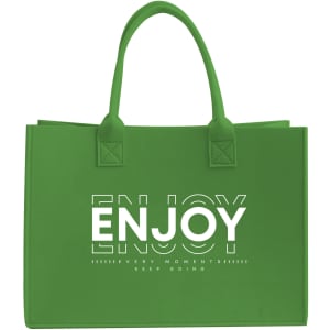 A green customizable felt tote bag with two handles and a logo on the front.
