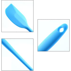 A blue spatula with a flat head and a handle featuring a hole for hanging. The spatula has a smooth finish.