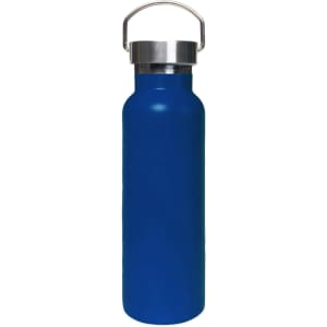 A drink bottle in vibrant blue, featuring a stainless steel lid and a handle for easy carrying.