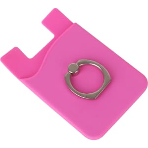 A pink phone wallet featuring a metallic ring. The wallet has a sleek design and includes a branding logo.