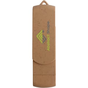 A wheat straw Type C flash drive in a tan colour, featuring a logo on its surface.