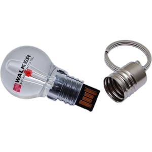 A light bulb-shaped flash drive in transparent plastic, featuring a metallic keyring attachment.