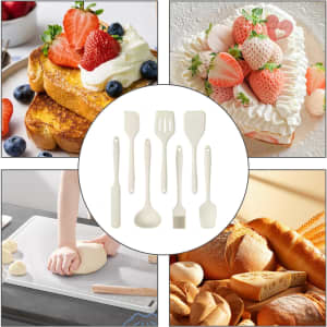A Silicone Kitchenware Set in cream, including various utensils like spatulas and a dough scraper, displayed with food images.