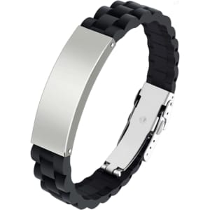 A black silicone bracelet with a metallic silver clasp and a smooth surface area for custom engraving.