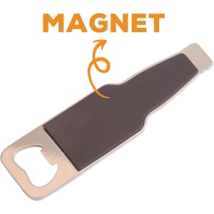 A drink bottle shaped magnetic bottle opener in silver and black, featuring a logo on the front.
