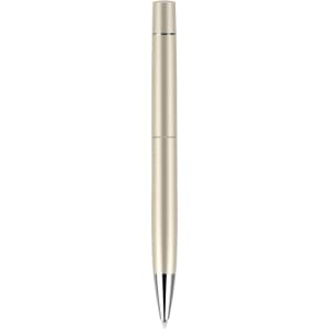 A gold pen with a sleek design and a black tip. The pen has a logo on its body.
